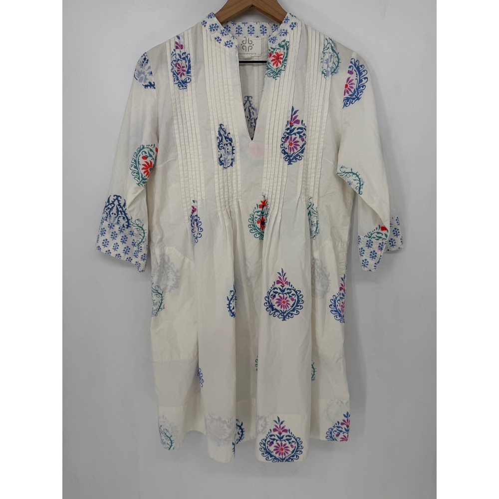 Pomegranate Dress Small White Floral Block Print Cotton Tunic Shift Cottagecore